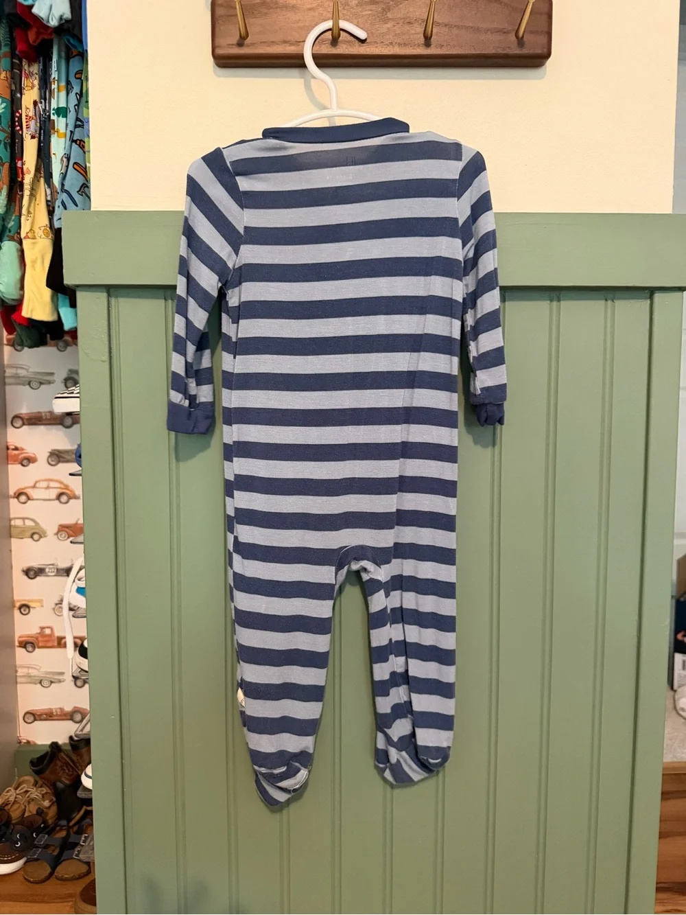 Striped Navy Blue Kids One-Piece Zipper Footed Pajamas
